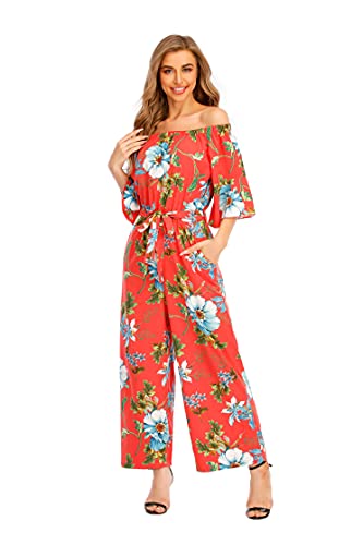 Love Welove Fashion Women's Summer Floral Off Shoulder Ruffled Short Sleeve High Waist Wide Leg Pants Casual Loose Jumpsuit Romper (Xxl, Watermelon Red Floral) #TOP1