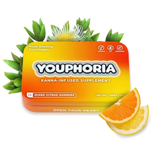Youphoria Mixed Citrus Kanna Gummies, 600mg Vegan Botanical Supplement for Mood Support, Organic, 16 Count