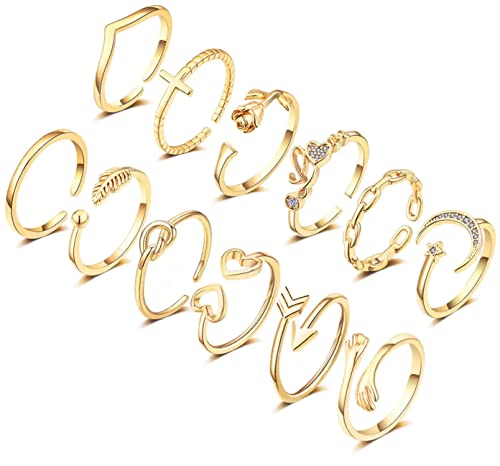 FUNEIA 12 Stücke Verstellbare Ringe für Damen 14 Karat Vergoldetes Gold Silber Rosegold Ring set Knöchelringe Daumenringe Set Rose Mond Stern Stapelbare Ringe Offene Fingerringe Frauen Mädchen Cover