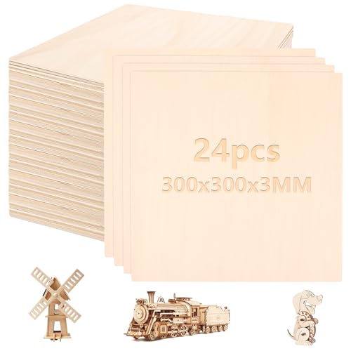 GBACHOOSE Lot de 24 Contreplaqué 300x300x3mm, Plaque de Contreplaqué 3mm, Tilleul Feuilles, Bois de Tilleul, Plaque Bois, Planche Bois Brut pour Projets Laser, Artisanat, Modèles de Bricolage