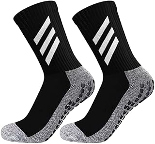 KTUEOV Grip Socks Football, 1 Pair Non Slip Sport Socks Anti Blister with Grip Pads White Football Socks for Men Boys, Cotton Anti Slip Trainer Socks 5-11 Size for Basketball Rugby Running Hiking
