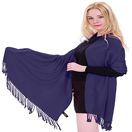 CJ Apparel Midnight Blue Indigo Blue Solid Color Tassels Design Nepalese Shawl Scarf Wrap Stole Throw Head Wrap Pashmina Hand Made in Nepal New