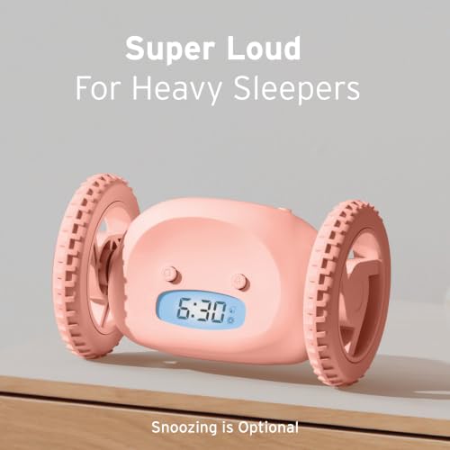 Image of CLOCKY Extra Super Loud Alarm Clock for Heavy Sleepers Adults Kids Teens Bedroom, Move Jump Roll Run Away Easy to Set Smart Digital Alarm Clock on Wheels -Funny Gag Gift (Pink)