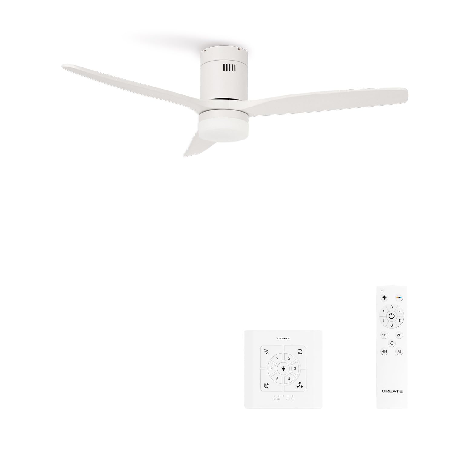 CREATE / WINDCALM M/Deckenventilator ABS mit Beleuchtung Weiß mit Fernbedienung und Wandschalter / 40W, Leise, Ø132cm, 6 Geschwindigkeiten, Timer, DC-Motor, Sommer-Winterbetrieb