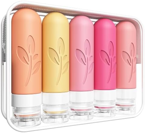 Quatish Travel Size Bottles 5 Pack, Original Patented 3 oz TSA Approved Travel Containers for Toiletries, BPA Free Silicone Travel Shampoo and Conditioner Bottles Leakproof, Travel Essentials, Macaron