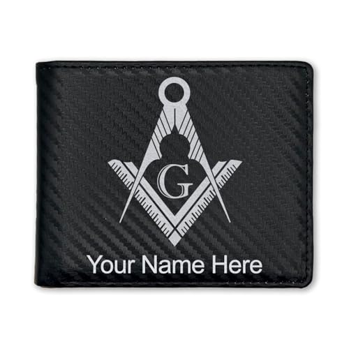 LaserGram Faux Leather Bi-Fold Wallet, Freemason Symbol, Personalized Engraving Included (Carbon Fiber Black with Silver)