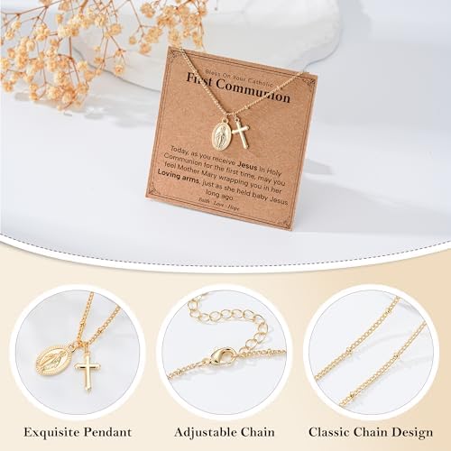 Jesvo Catholic First Communion Gifts for Girls, Virgin Mary Cross Charm Necklace 1st Holy Communion Decorations Gifts Ideas Christian Religious Jewelry for Teen Teenage Kids Age - 3