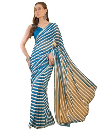 Image of SIRIL Women's Printed Chiffon Saree with Unstitched Blouse Piece