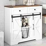 Vabches Bathroom Floor Cabinet, Farmhouse Storage Cabinet with Sliding Barn Door and Storage Drawers, White Buffet Cabinet with Adjustable Shelves for Bathroom, Kitchen, Entrance Area, Living Room