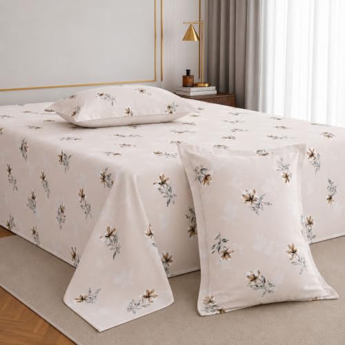 Image of Cotton King Size Bedsheet 108x108 Super King, 100% Pure Cotton Bed Sheet with 2 Pillow Covers, 240 TC Soft Breathable Floral Design Bedding - (Cocoa Blossom, Super King)