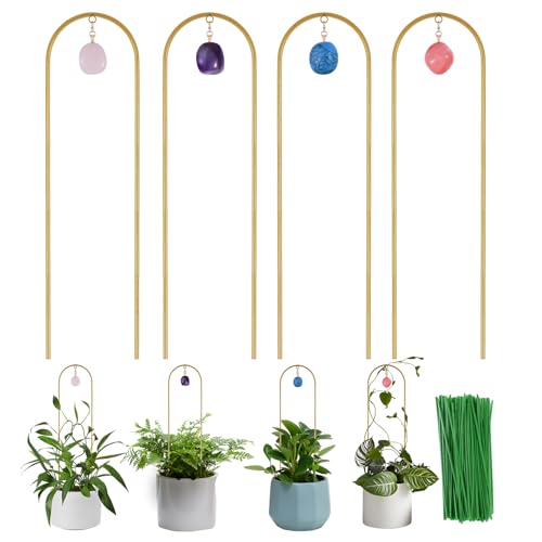 Wellsign Plant Trellis for Climbing Plants, 15.75 inch Garden Small Metal Arch Glod Trellis for Potted Plants Indoor Outdoor with Natural Stone Decor for Vine Ivy Flower Support 4 Pack