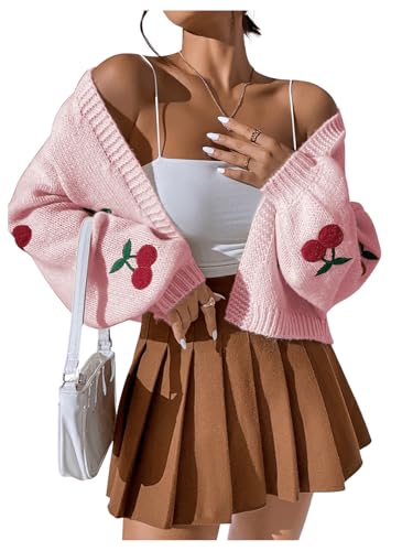 Image of GORGLITTER Women's Cherry Cropped Cardigan Sweaters Open Front Long Sleeve Cute Chunky Knit Short Cardigan Trendy