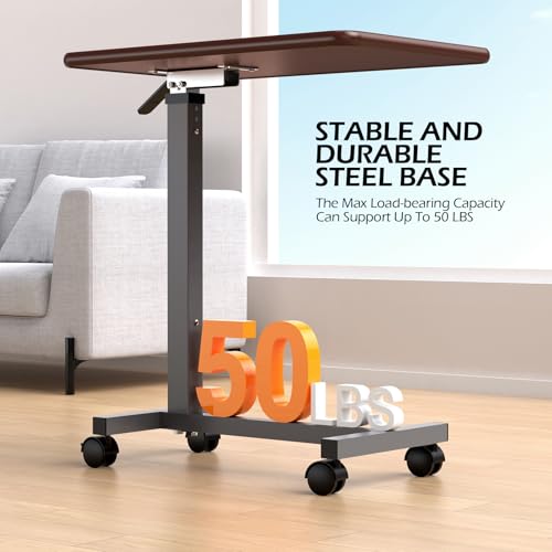 WOTURE Adjustable Overbed Table with Wheels, Bedside Rolling Table, Pneumatic Height Adjustment, Hospital Bed Table on Wheels, Standing Desk, Bedridden & Mobility Needs, Walnut