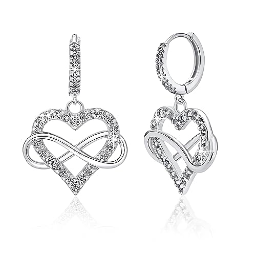Sash & Soph Infinity Heart Earrings, Hanging Heart Earrings for Women, 925 sterling Silver and Cubic Zirconia Dangling Earrings, Jewelry Gifts for Women, Mom, Wife, Girlfriend (Silver)