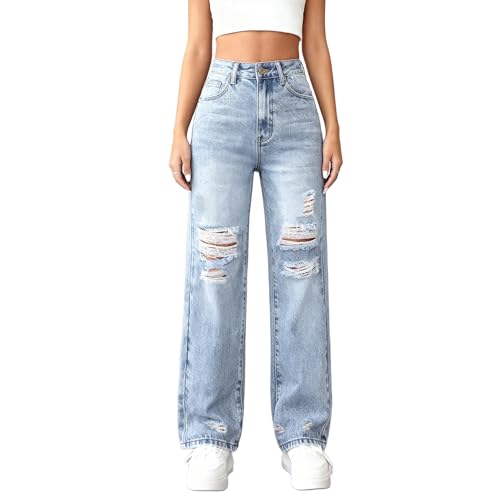 HBER Ripped Straight Leg Jeans for Women High Waisted Casual Loose Distressed Boyfriend Denim Pants Y2K Streetwear Blue