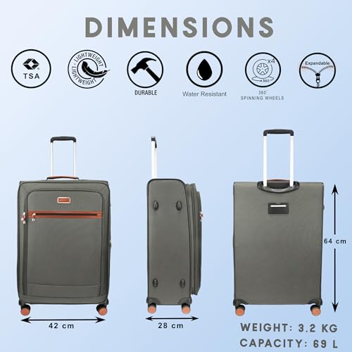 Image of F Gear Softair Medium Soft Luggage | Lightweight Expandable Carry-On Trolley Bag with 360 Spinner Wheels, Silent 8-Wheel System, Built-in TSA Lock, Anti-Theft Zipper & Luggage Tag (Grey)