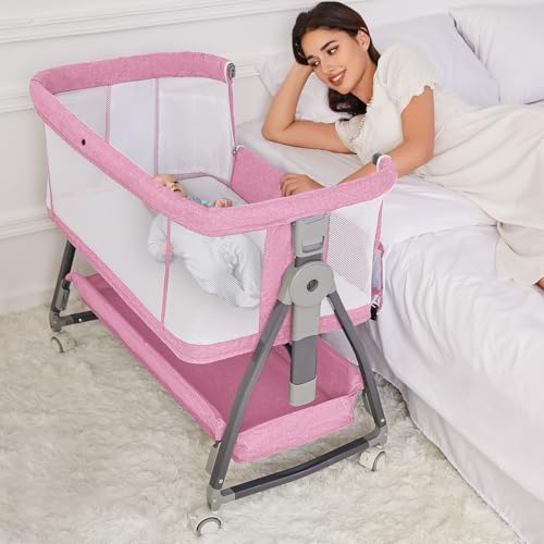 Jixrolyn Pink Bassinet for Baby Girl, Baby Bassinets Bedside Sleeper with Mattress and Wheels for...