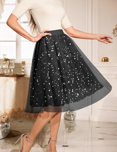 DRESSTELLS Tulle Skirts for Women, Sequin Midi Aline Pleated Elastic High Waist Long Flowy Fairy Mesh Halloween Skirt3