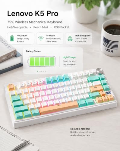 Lenovo K5 Pro 75% Wireless Mechanical Keyboard, Hot-Swappable, Peach Mint - image 3