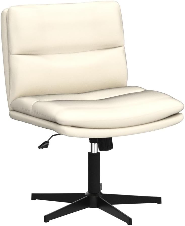 LEMBERI PU Leather armless Office Desk Chair no Wheels,Criss Cross Legged Home Office Chair, Wide Padded Swivel Vanity Chair,120°Rocking Mid Back Ergonomic Computer Task Chair for Make Up,Small Space