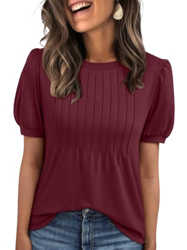 AUTOMET Womens Tops Short Sleeve T-Shirts Blouses Dressy Casual Business Puff Pleated Summer Fashion 2025 Basic Comfy Clothes