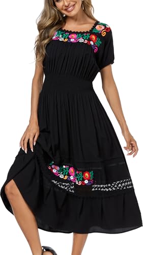Image of Women's Summer Maxi Dress Casual Floral Embroidered Round Neck Short Sleeve Ruffle Tiered Dress Flowy Boho Beach Sundress