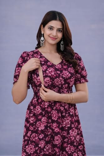 Image of Women's Maternity Feeding Dresses for Women, Easy Breastfeeding Dress, Cotton Blend Anarkali Dress with Nursing Zip for Pre & Post Pregnancy