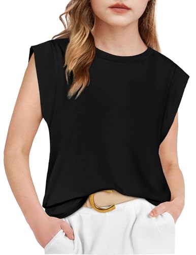 Arshiner Mädchen T Shirt Schwarz Basic Baumwollshirt Rundhals Oberteil Kappenärmel Kinder Sport Shirt Lässige Top 160/11-12 Jahre