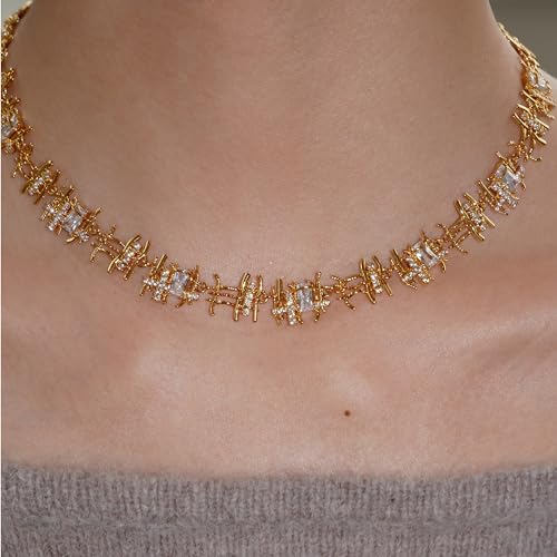 Gold Chunky Chain Necklace for Women, 18K Gold Plated Handmade Braided Cubic Zirconia Chain Choker Necklace Dainty Gold Choker Necklaces for Women Gifts Jewelry 16.9"2