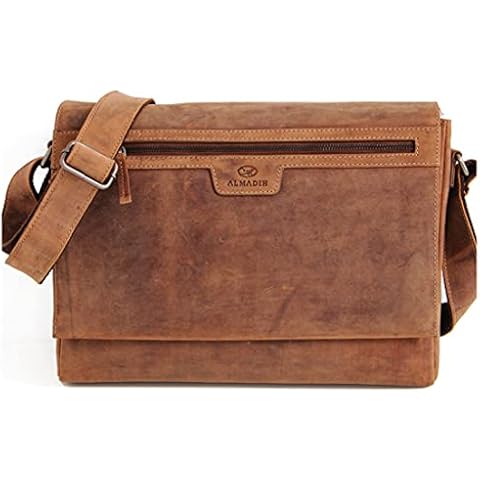 ALMADIH Leder Umhängetasche MIO Premium Rindsleder BV viele Fächer für schmale A4 Ordner Ledertasche Aktentasche Messenger Unitasche Schultertasche Freizeittasche Herren Damen braun (MIO vintage) Cover