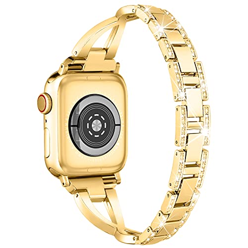 wipalor Dressy X Band for Gold Apple Watch Bands 44mm for Women with Bling Diamond Case, Metal Thin iWatch Bands for women, Designer Cute Band for Apple Watch SE Band Series 6 Band Series 5 4- Gold