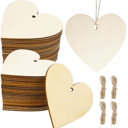 Lot de 44 cœurs en bois de 10 x 10 cm avec ficelle de jute - Décoration avec trou pour bricolage - Cœur en bois pour écrire sur livre d'or, étiquettes cadeaux,...