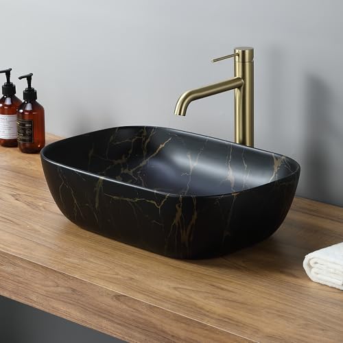 DILECI – Vasque Rectangulaire Noir Effet Volcan 46x32x13,5 cm – Lavabo à Poser Design Haut de Gamme – Finition Noir Mat avec Veines Jaune Orangé – Idéal Salle de Bain Contemporaine et Élégante