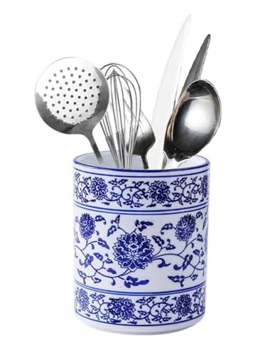 123Arts Utensil Holder,Blue and White Ceramic Utensil Crock,Chopstick Storage Kitchen Decor
