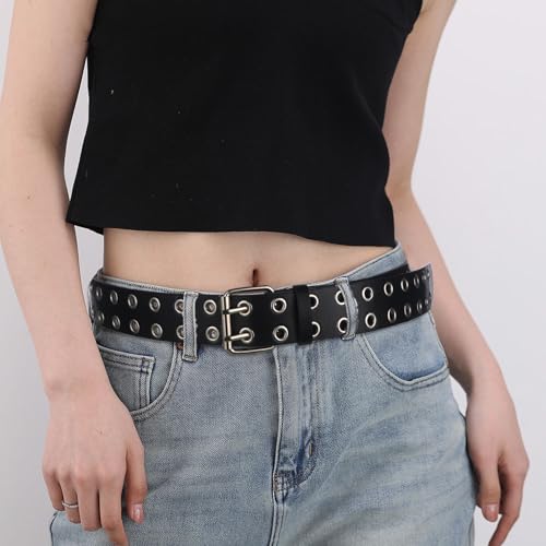 SONNYX Double Grommet Leather Belt with Detachable Chain for Women Men Punk Black Belt with Double Studded Holes2