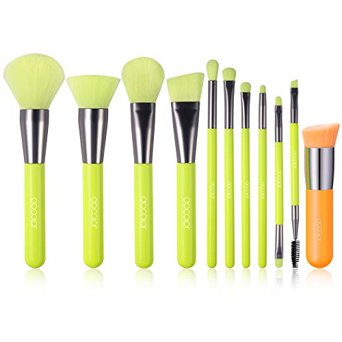 Docolor Neon Green 10 Pcs Makeup Brushes + Neon Orange Angled Kabuki Foundation Brush Premium Synthetic Kabuki Foundation Brush Blending Face Powder Blush Concealers Eye Shadows Makeup Brush Set