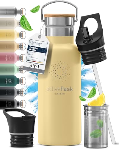 Stainless Steel Water Bottle with Straw Infuser & 3 Lids: 1 & 0 5L Leak-Proof Vacuum Insulated ACTIVE FLASK Drinking Bottles Hot Cold: Double Walled Outdoor Drink Thermo Mug Tea Coffee Sport Gym Bike