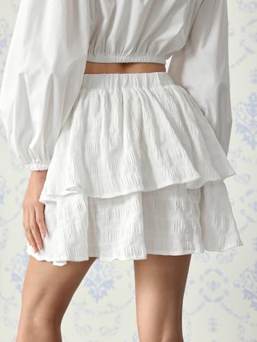 SHENHE Women's Layered Ruffle Skirt Elastic High Waisted A Line Flowy Short Cake Skirt3