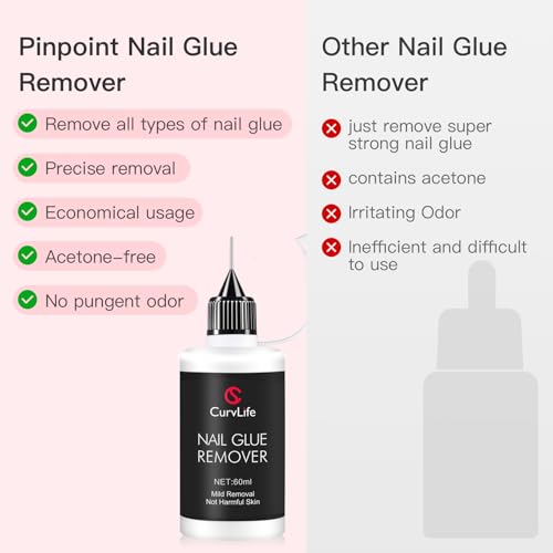 Image of Curvlife Pinpoint Nail Glue Remover for Press on, 60ml Nail Remover for Nails Tips, Gentle Glue Remover for Gel x Nails, Non-Acetone Nail Polish Remover