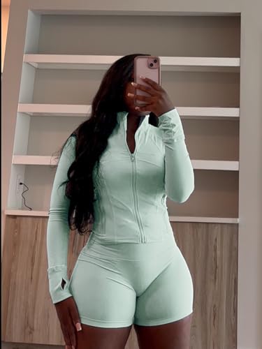 Molilove Womens 2 Piece Outfits Lounge Sweatsuit Set Long Sleeve Zipper Crop Jacket and Shorts Tracksuits Workout Set3