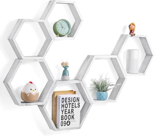 Lot de 6 étagères flottantes hexagonales - En bois nid d'abeille - Rangement hexagonal - Pour décoration murale - Pour chambre à coucher, salon - Gris et...