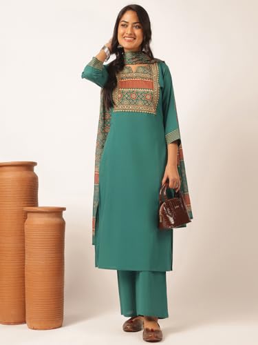 Image of Vbuyz Women Ajrakh With Yoke design Cotton Straight Kurta Set With Dupatta
