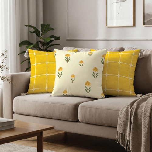 Image of Urban Space Decorative Cotton Cushion Cover Set of 3, 16 Inch X 16 Inch Cushion Covers for Sofa, Bedroom, Living Room (Aura Checks Yellow with White Tassel + Aster Yellow, 40Cm X 40Cm, Set of 3)