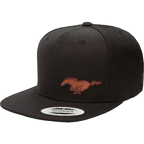 Ford Mustang Running Horse Side Logo Laser Engraved Leather Patch Yupoong 6089 Flat Bill Snapback Hat Cap Black