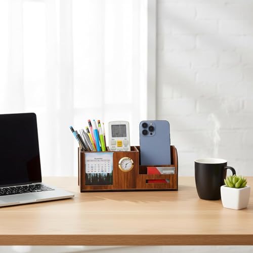 Image of Deskart Premium Pen Holder Stand with Clock, Two Years Calendar, Business Visiting Card & Mobile Holder | Multipurpose Desk Organizer with for Office Desk and Gifting