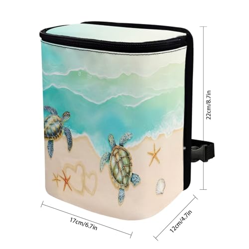 Image of Talayituse Turtle Starfish Seashell Heart Beach Print Car Trash Bin, Large Size Auto Trash Can Adjustable Portable Garbage Can with Lid, Vehicle Hanging Bag for Headrest Front Back Seat