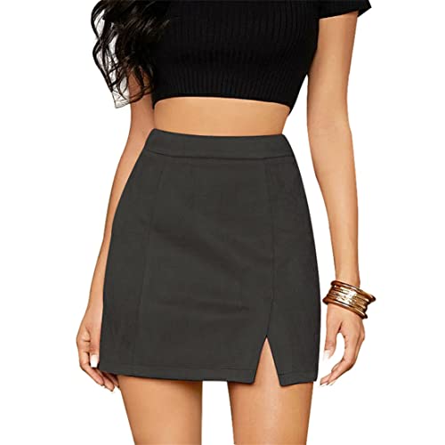 Damen Sexy Wildlederrock Schlitz Faux Suede Short Skirt kurz Leopardenmuster Hüftrock Hohe Taille Elegantes Rock lässiges Dress Freizeit PU Rock Nachtclub A Linie Punk Rock (Schwarz,XL) Cover