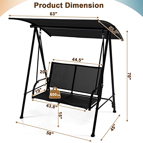 Image of Tangkula 2 Person Porch Swing, Patio Swing with Adjustable Canopy, Comfortable Fabric Seat & Heavy-Duty Steel Frame, Outdoor Canopy Swing for Patio, Garden, Poolside (Black)