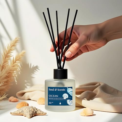 Image of Soul & Scents 50ml Ocean Reed Diffuser Set | A Blend of Sea Breeze, Melon & Driftwood | Get 5 Rattan Reed Sticks | Smoke Less Room Freshener for Home, Bedroom, Living Room & Office