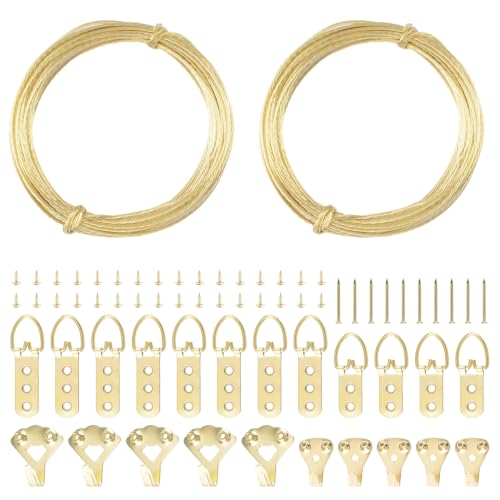 Image of Picture Hanging Kit - 2 Roll 3M Picture Wire & 10 Hanging Hooks & 12 D-Rings with Nails Heavy Duty Picture Hangers for Wall Art, Exhibitions & Galleries (Gold)